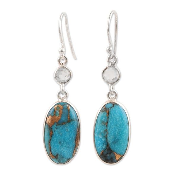 Alternate image for Rainbow Moonstone and Composite Turquoise Silver Earrings Celestial Light