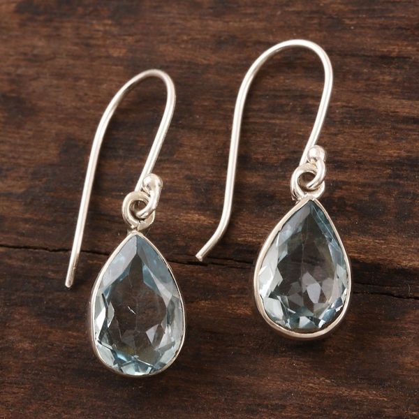 Alternate image for Teardrop Faceted Blue Topaz Silver Dangle Earrings Blue Droplets