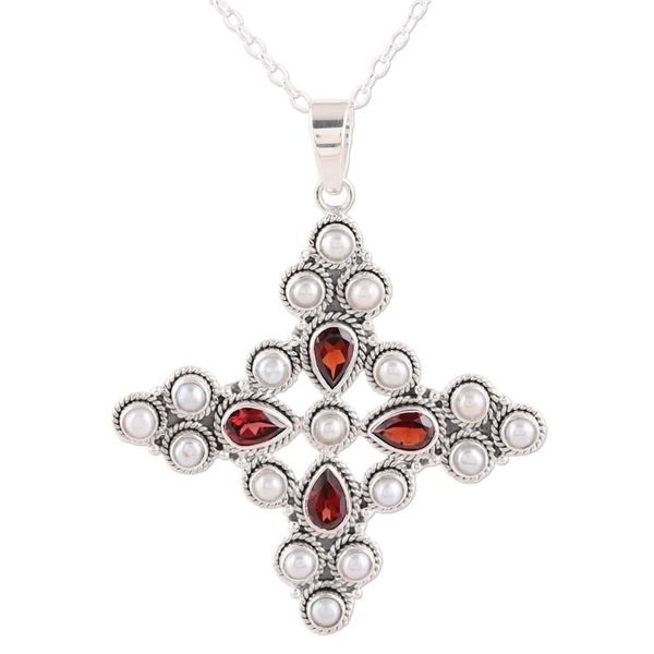 Alternate image for Garnet and Cultured Pearl Pendant Necklace from India Royal Cross