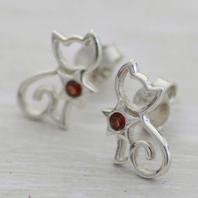 Alternate image for Garnet and Sterling Silver Kitty Cat Button Earrings Feline Delight