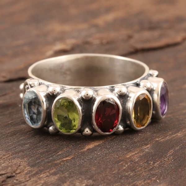 Alternate image for Faceted Multi Gemstone Sterling Silver Cocktail Ring Rainbow Beauty