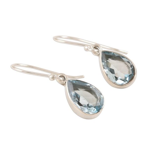 Alternate image for Teardrop Faceted Blue Topaz Silver Dangle Earrings Blue Droplets