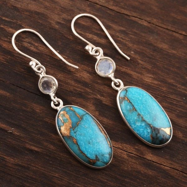 Alternate image for Rainbow Moonstone and Composite Turquoise Silver Earrings Celestial Light