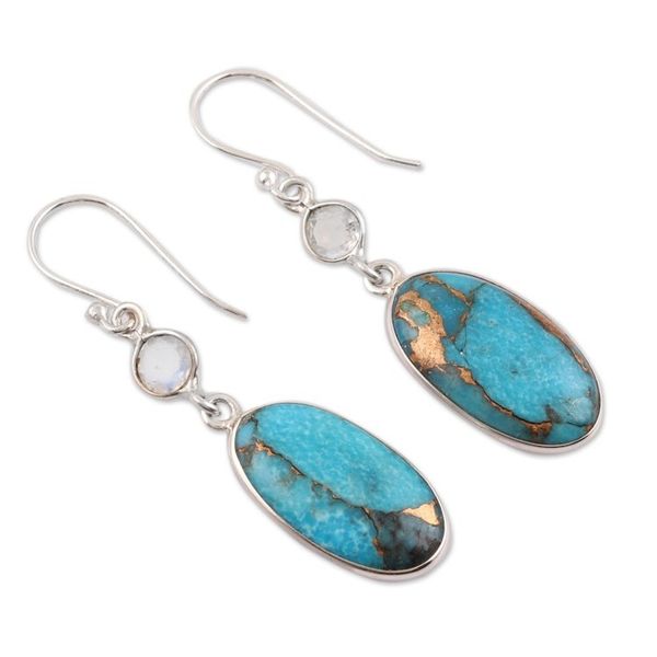 Alternate image for Rainbow Moonstone and Composite Turquoise Silver Earrings Celestial Light