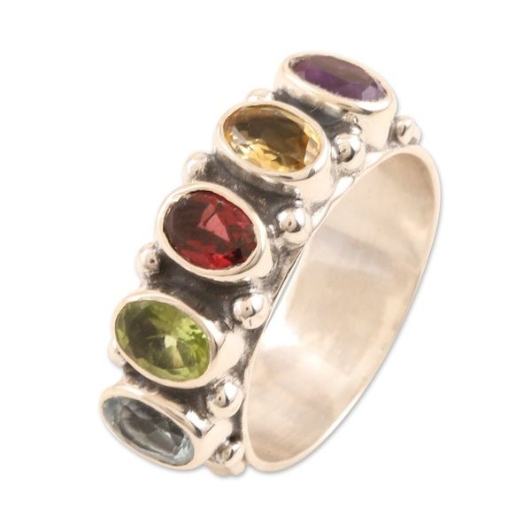 Alternate image for Faceted Multi Gemstone Sterling Silver Cocktail Ring Rainbow Beauty