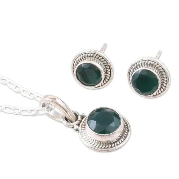 Alternate image for Sterling Silver and Green Onyx Necklace and Earrings Sparkling Green