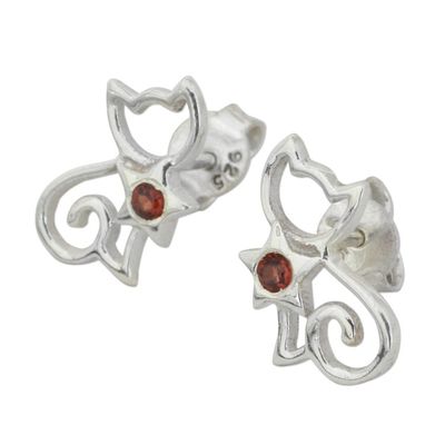Alternate image for Garnet and Sterling Silver Kitty Cat Button Earrings Feline Delight