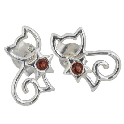 Alternate image for Garnet and Sterling Silver Kitty Cat Button Earrings Feline Delight