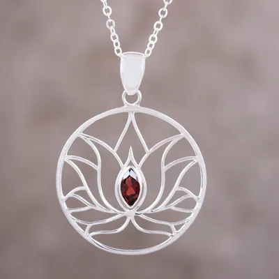 Alternate image for Garnet Sterling Silver Lotus Flower Pendant Necklace Lotus Heart
