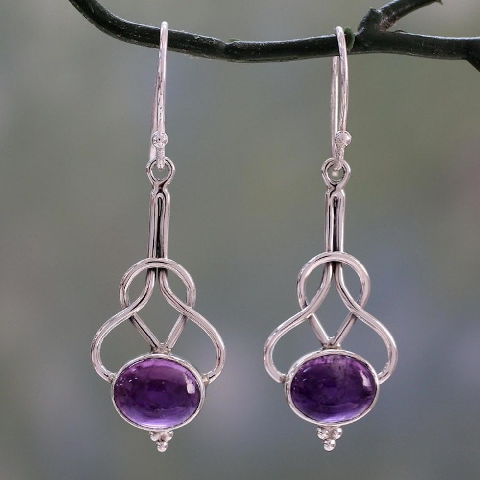 Dangle Earrings with Amethyst Cabochons in Sterling Silver 'Wisdom Path'