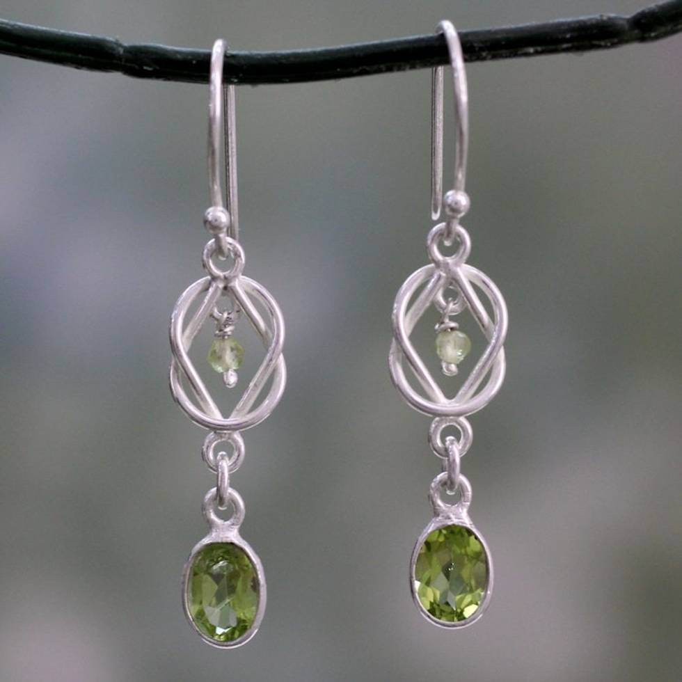Silver and Peridot Dangle Earrings Crafted in India 'Lime Knot'