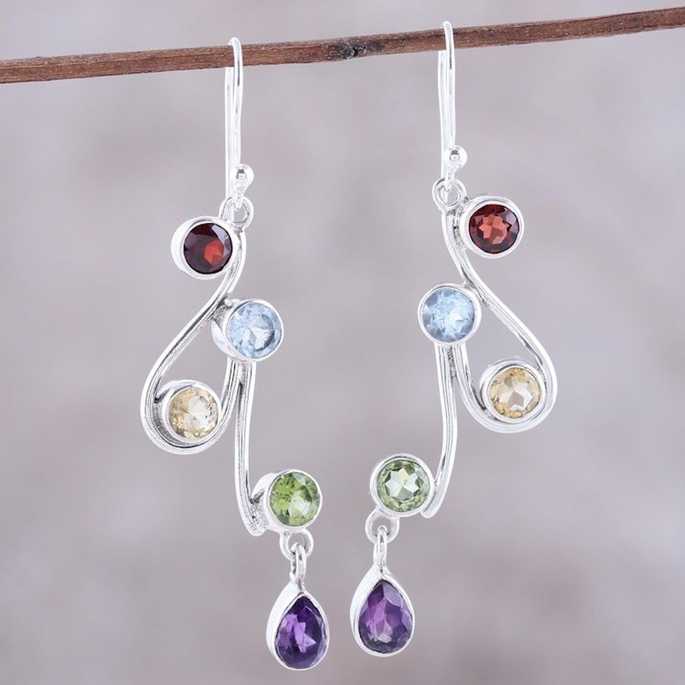 Multi-Gemstone and Scrolling Sterling Silver Dangle Earrings 'Dancing Rainbow'