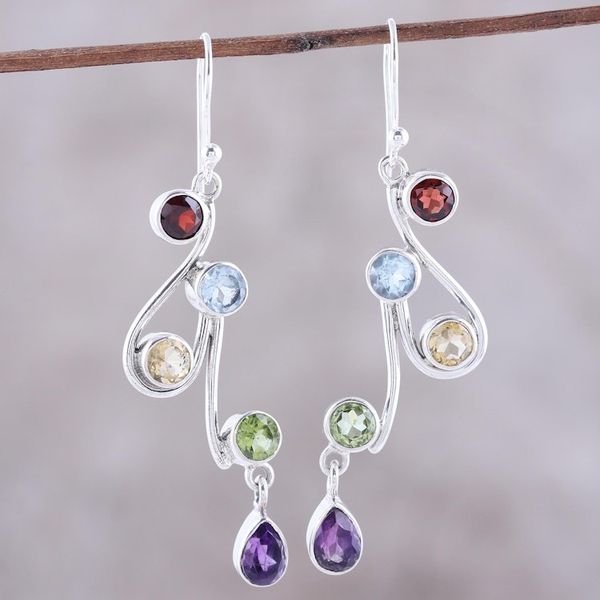 Alternate image for Multi-Gemstone and Scrolling Sterling Silver Dangle Earrings Dancing Rainbow
