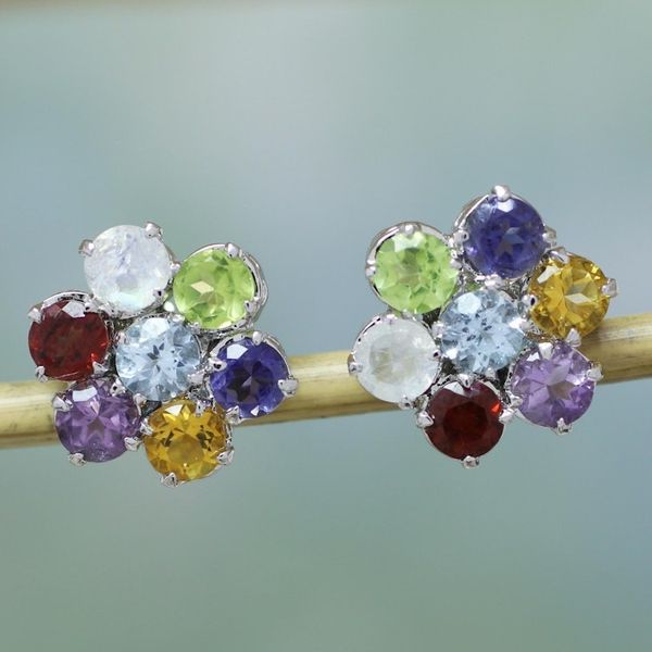 Alternate image for Hand Crafted Floral Sterling Silver Button Multigem Earrings Flowers