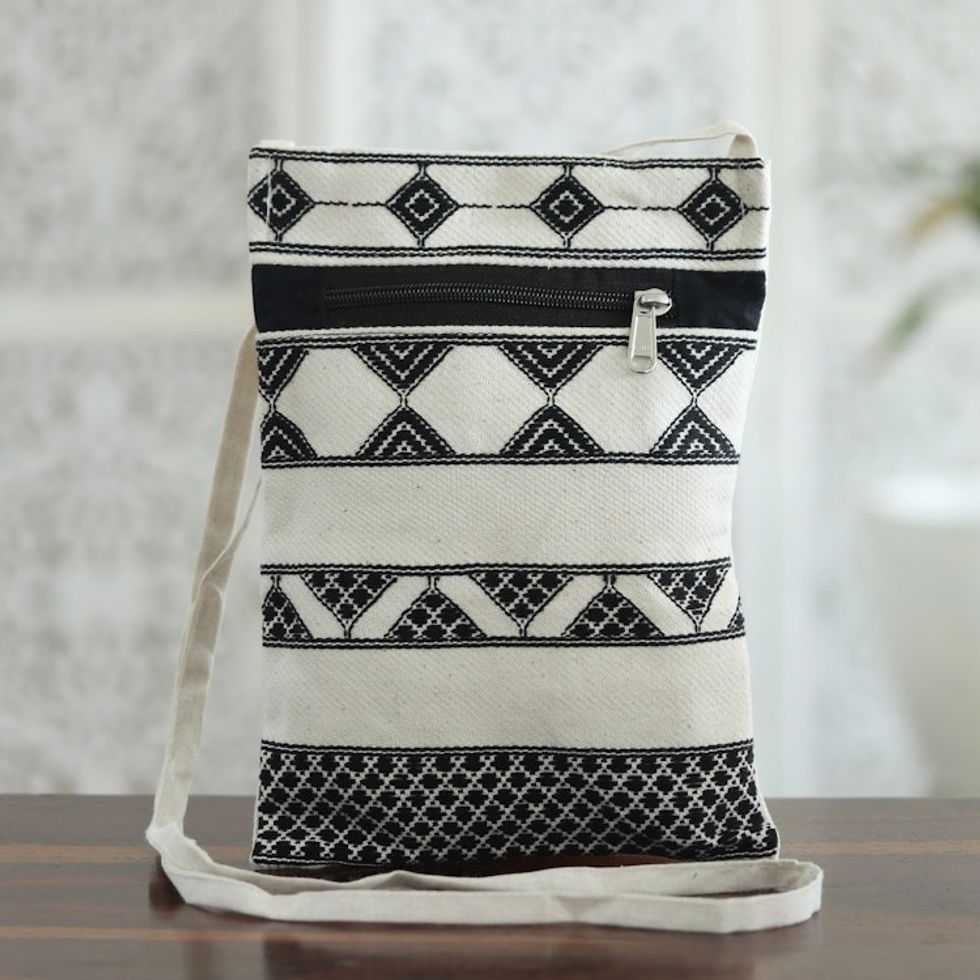 Light Beige and Black Hand Woven Passport Bag from India 'Kaleidoscope Traveler in Ivory'