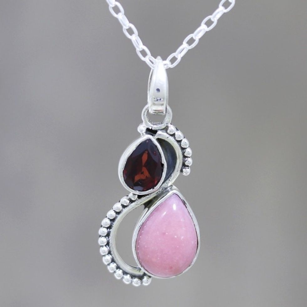 Garnet and Opal Teardrop Pendant Necklace from India 'Two Teardrops'