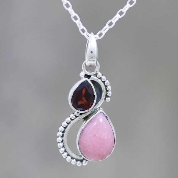 Alternate image for Garnet and Opal Teardrop Pendant Necklace from India Two Teardrops