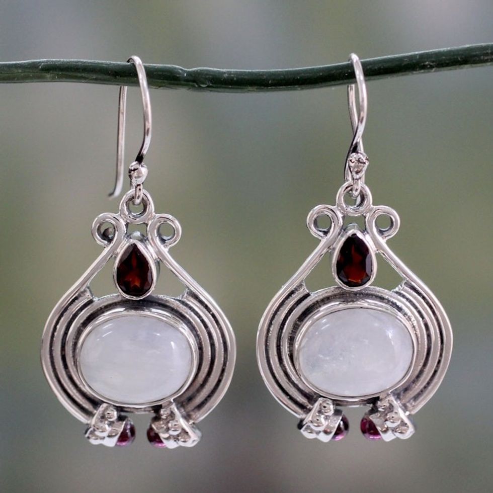 Handmade Rainbow Moonstone and Garnet Earrings 'Mysterious Mist'