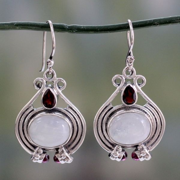 Alternate image for Handmade Rainbow Moonstone and Garnet Earrings Mysterious Mist