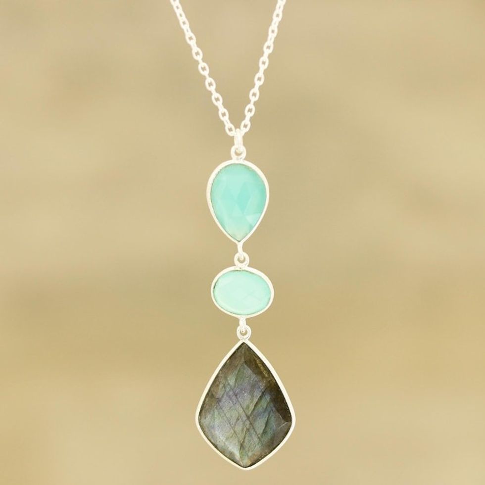 Labradorite and Chalcedony Pendant Necklace from India 'Aurora Combination'