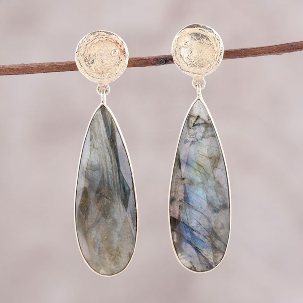 Gold Plated 28-Carat Labradorite Earrings from India 'Northern Drops'