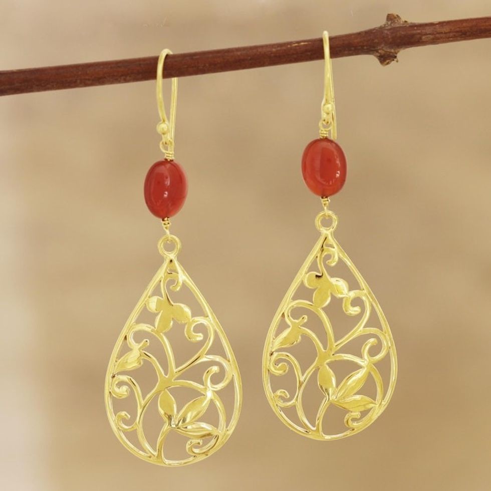 Gold Plated Red-Orange Onyx Dangle Earrings from India 'Gorgeous Drops'