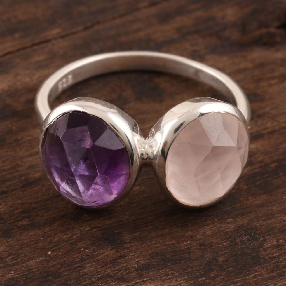 7-Carat Amethyst and Rose Quartz Cocktail Ring from India 'Delightful Fusion'