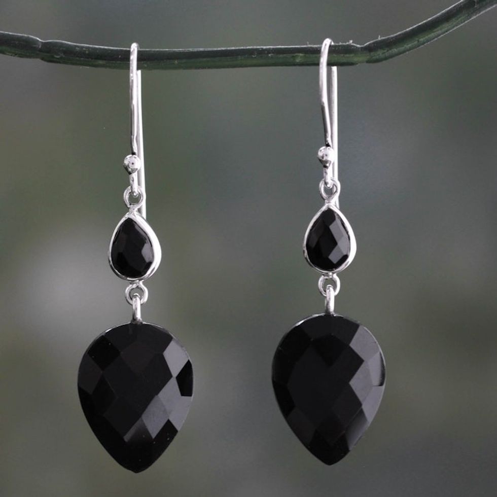 Faceted Black Onyx Dangle Earrings from India 'Delhi Allure'