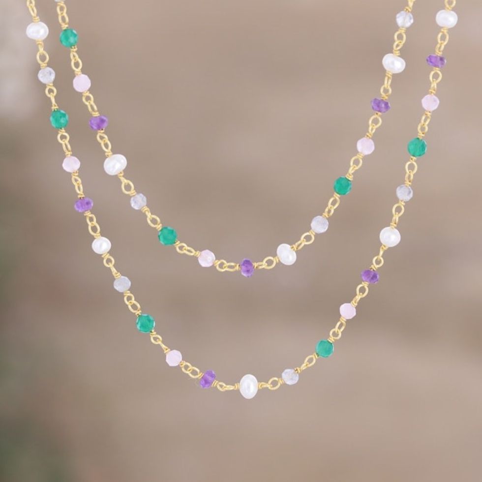 Gold-Plated Green Onyx and Amethyst Beaded Necklace 'In Sync'