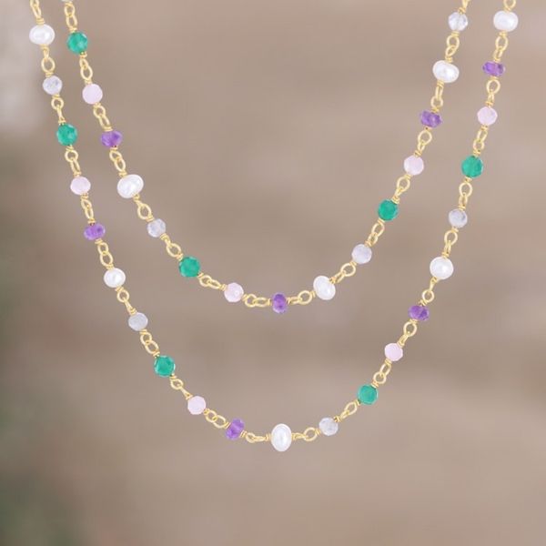 Alternate image for Gold-Plated Green Onyx and Amethyst Beaded Necklace In Sync