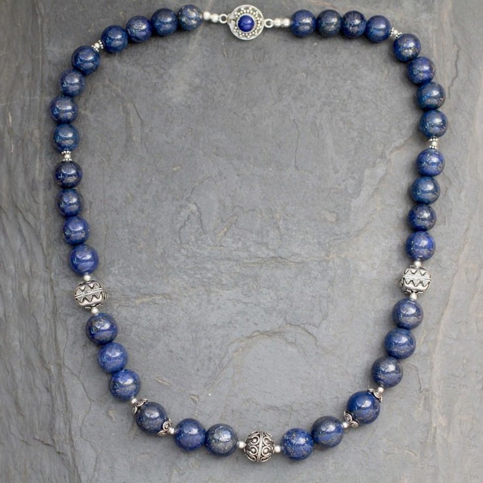 Handmade Sterling Silver and Lapis Lazuli Beaded Necklace 'Elegance'