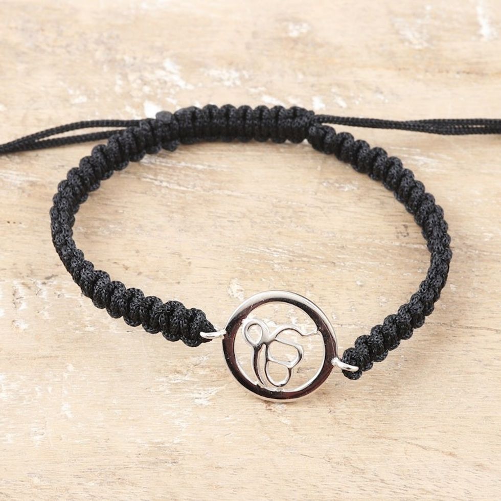 Black Macrame Bracelet with Sterling Silver Ek Onkar Symbol 'Altar to Divinity'