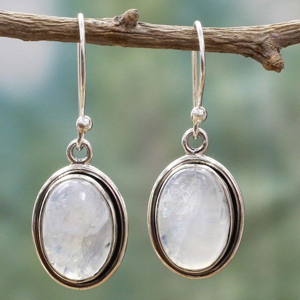 Alternate image for Rainbow Moonstone and Sterling Silver Dangle Earrings Lunar Goddess