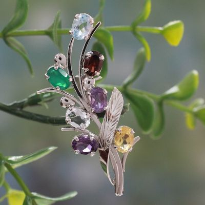 Alternate image for Fair Trade Multi Gemstone and Sterling Silver Brooch Pin Rainbow Bouquet