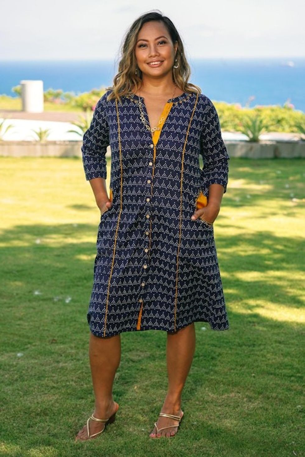 Navy Blue Print Cotton Shirtdress from India 'Pyramid Fantasy'