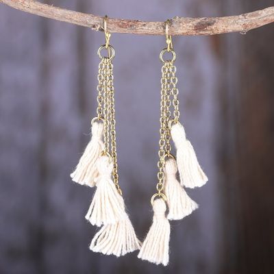 Alternate image for Brass Dangle Earrings with Ivory Tassels Made in India Flowing Beauty