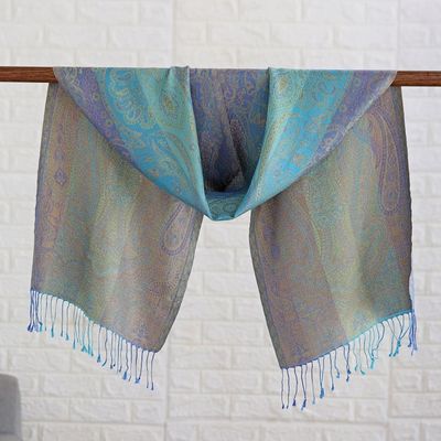 Alternate image for Green and Purple Silk Scarf with Paisley and Classic Motifs Purple Heaven