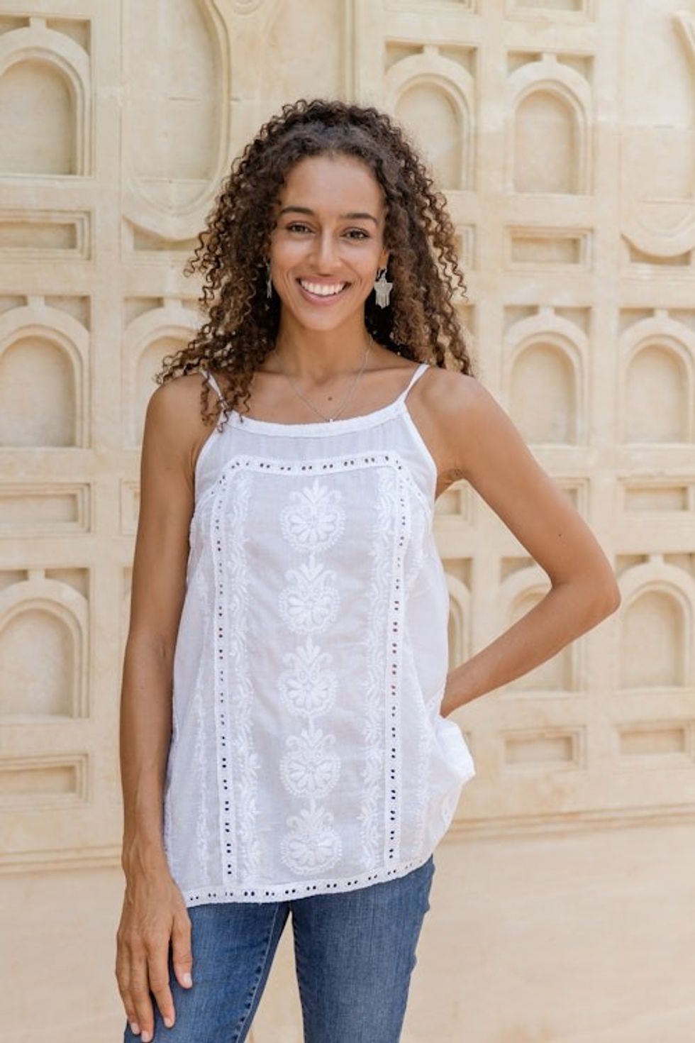 Floral Embroidered White Cotton Tank Top from India 'Beautiful Summer'