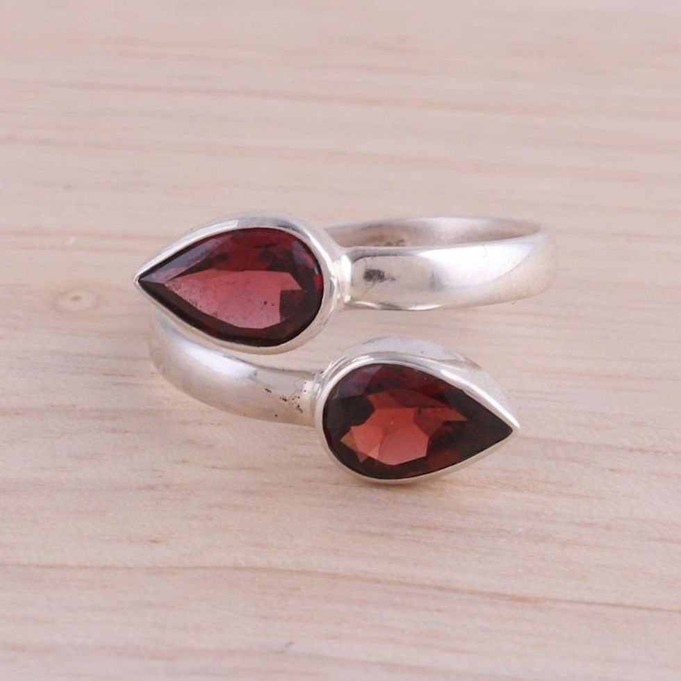 Polished Sterling Silver and Garnet Wrap Ring 'Radiant Drops'