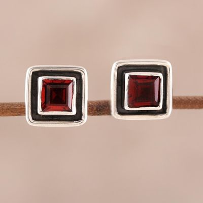 Alternate image for Faceted Garnet Square Stud Earrings from India Fire Frame