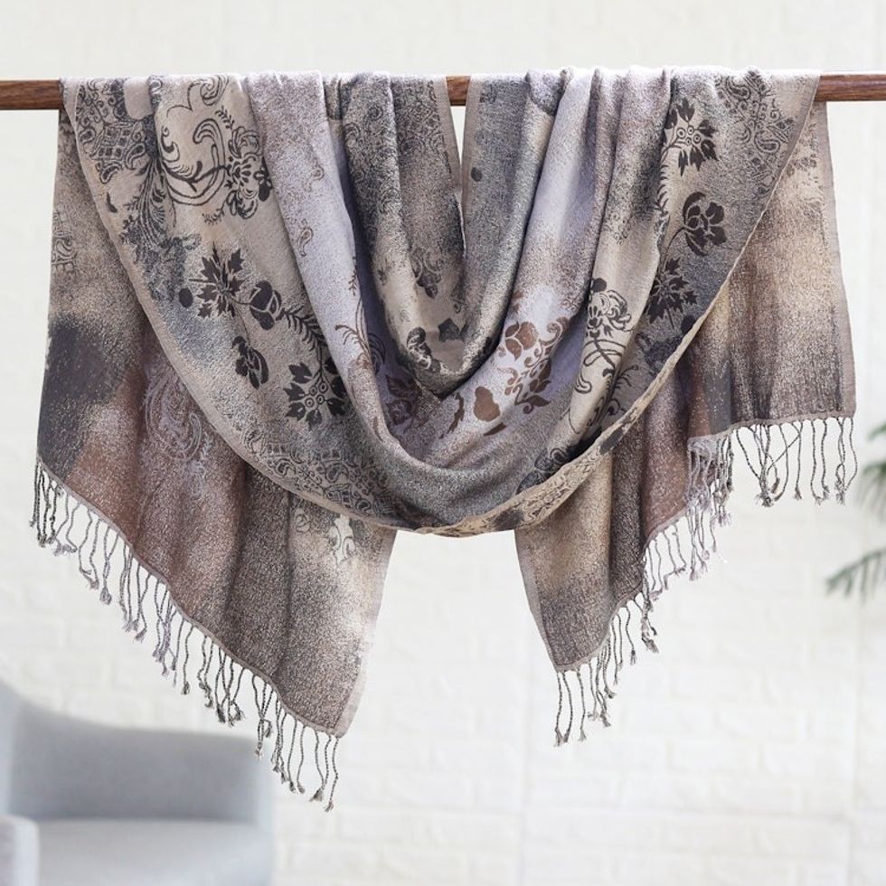 Cotton  Wool Shawl with Floral Pattern Woven in India 'Sandy Charm'