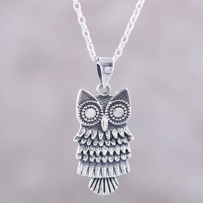 Alternate image for Combination Finish Sterling Silver Owl Pendant Necklace Owl Flair