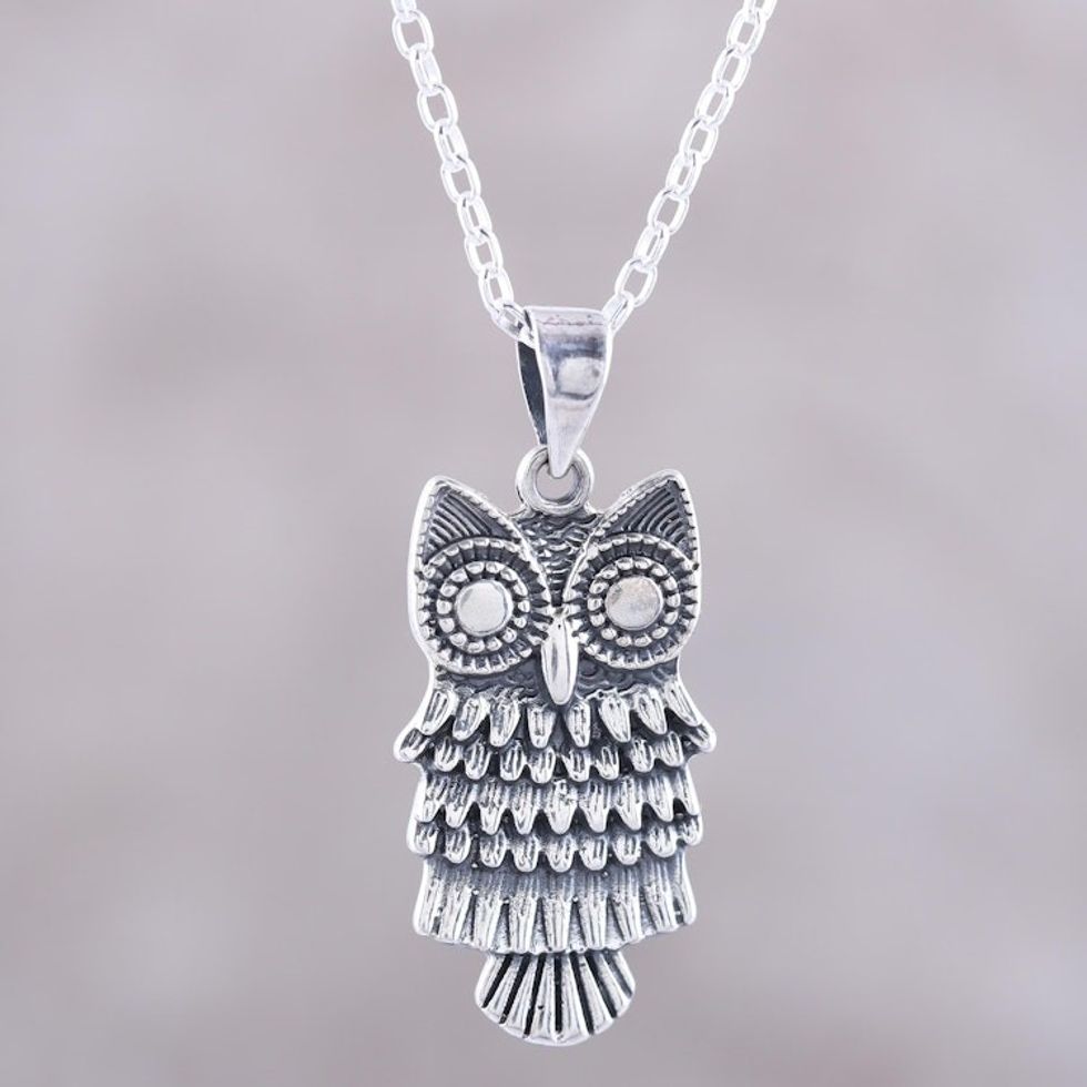 Combination Finish Sterling Silver Owl Pendant Necklace 'Owl Flair'