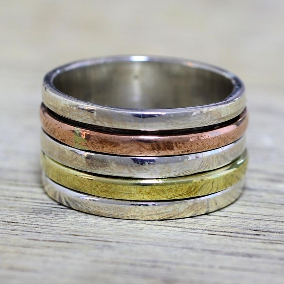 Simple Sterling Silver Copper and Brass Indian Spinner Ring 'Sleek Simplicity'