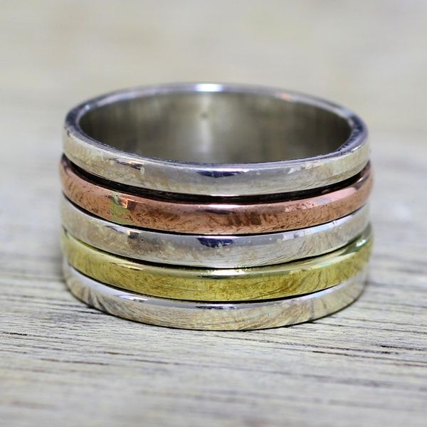 Alternate image for Simple Sterling Silver Copper and Brass Indian Spinner Ring Sleek Simplicity