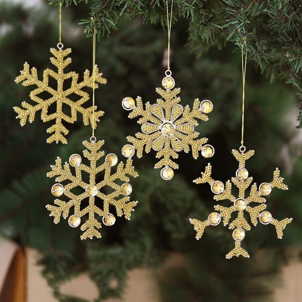 Embellished Aluminum Snowflake Ornaments Set of 4 'Glittering Snowfall'