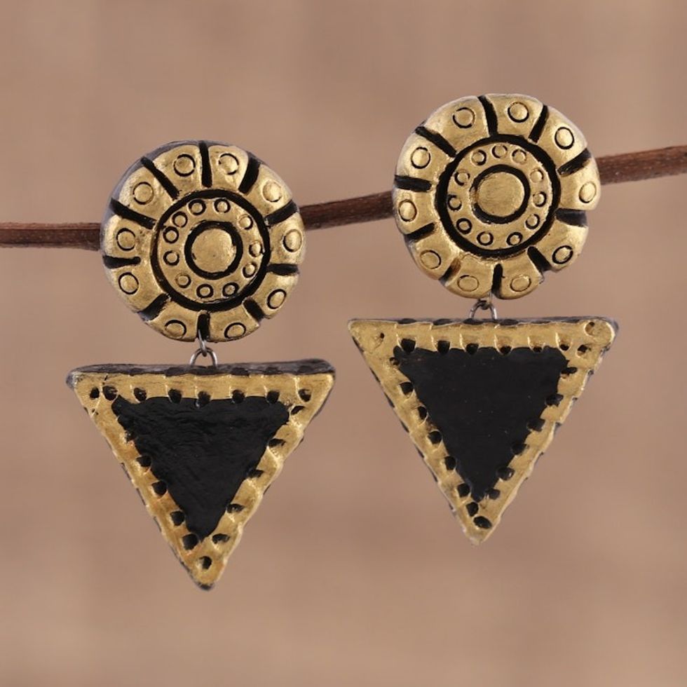 Gold-Tone and Black Ceramic Dangle Earrings from India 'Mystic Beauty'