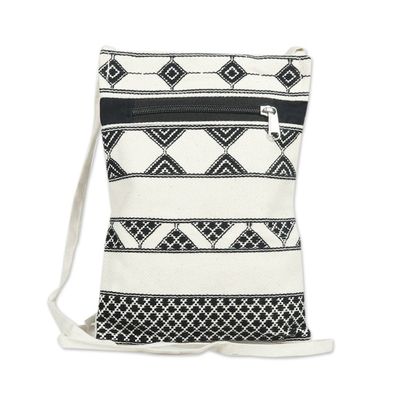 Alternate image for Light Beige and Black Hand Woven Passport Bag from India Kaleidoscope Traveler in Ivory