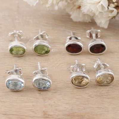 Alternate image for Set of 4 Gemstone and Sterling Silver Stud Earrings All for One