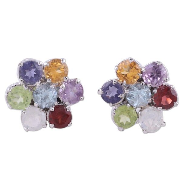 Alternate image for Hand Crafted Floral Sterling Silver Button Multigem Earrings Flowers